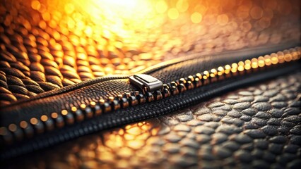 Aufkleber - Close-up of a metallic zipper on a textured leather surface, illuminated by warm golden light