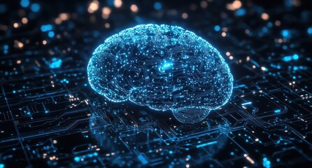 Poster - Futuristic Digital Brain Surrounded by Glowing Circuitry and Network Connections in a High-Tech Environment Representing Artificial Intelligence Concepts