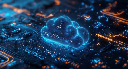 Poster - Futuristic Digital Cloud Computing Technology Concept on Circuit Board Background with Neon Lights Representing Data Storage and Connectivity in a Modern Digital World
