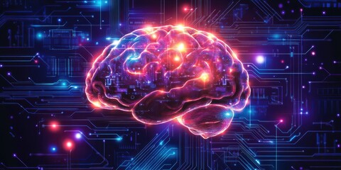 Poster - Futuristic Digital Brain with Glowing Synapses and Circuit Patterns Representing Artificial Intelligence and Technology Innovation in a Cyber Landscape