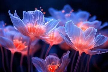 Poster - A magical forest glowing under UV light, with bioluminescent plants, glowing mushrooms, and fireflies creating an enchanting neon-lit world