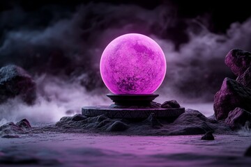 Poster - A magical glowing orb floating in isolation under UV light, with intricate runes and ethereal neon patterns swirling around it in a dark mystical setting