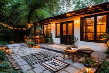 Aufkleber - A magical scene of a traditional Uzbek courtyard glowing under a celestial aurora, with suzanis and rugs floating mid-air and golden light illuminating the space