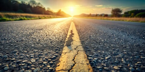 Aufkleber - Asphalt Road at Sunset A Close-Up View of a Cracked Yellow Line Centered on the Highway, Leading Towards the Horizon