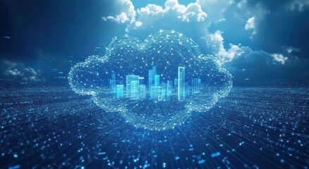 Poster - Futuristic Digital Cloud With Cityscape, Data Connections and 3D Visualization Representing Smart City Technology and Cloud Computing Innovations