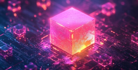 Poster - Futuristic Digital Cube Surrounded by Glowing Circuitry and Neon Lights Showcasing Abstract Technology and Innovation in a Sci-Fi Inspired Environment