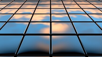 Poster - Reflective tiles with cloud reflections modern interior digital artwork surreal environment aerial view contemporary design