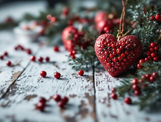 Aufkleber - Christmas decoration setup with red heart-shaped ornaments, green foliage, and small red berries on a white wooden surface. The background is blurred, with a bokeh effect, emphasizing the holiday them