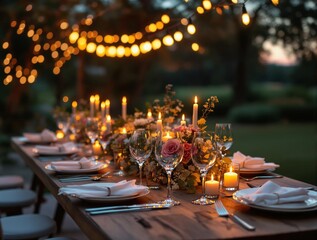 Fototapete - outdoor dining setup with a long wooden table adorned with plates, cutlery, wine glasses, and a floral centerpiece. String lights hang above, creating a warm and inviting atmosphere.