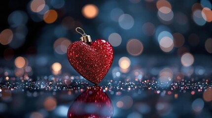 Poster - sparkly red heart-shaped ornament on a dark, glittery background with a bokeh effect of numerous small light spots.