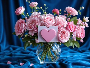 Aufkleber - beautiful bouquet of pink roses in a vase on a blue cloth. There is a pink heart-shaped card attached to the vase.