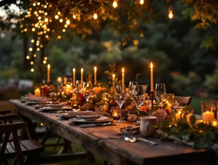 Poster - beautifully decorated table set for a dinner in an outdoor setting. The table is adorned with candles, flowers, and a warm, festive atmosphere created by string lights hanging above.