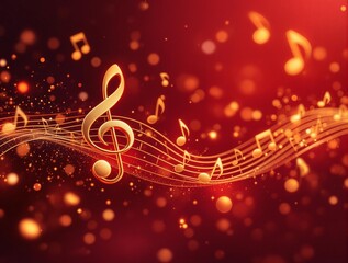 Poster - vibrant and creative composition featuring a wave of musical notes in gold color on a red background. The notes are arranged in a flowing, dynamic pattern, suggesting a sense of movement and music.