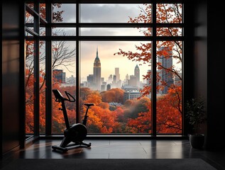 Poster - stationary bike positioned in front of a large window with a view of a city skyline during autumn. The room has a modern interior with a fireplace and a plant on the windowsill.