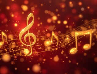Poster - vibrant musical background with golden musical notes and a treble clef, set against a red and orange blurred background with bokeh effect.