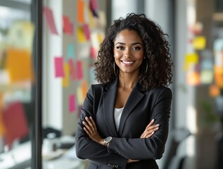 Poster -  woman standing in front of a wall adorned with colorful sticky notes and other items. She is wearing a black blazer and has a confident demeanor with her arms crossed.