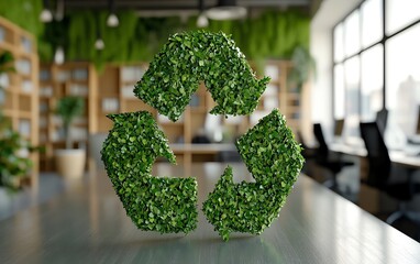 Aufkleber - Green recycle symbol icon sign with a professional office environment background, representing recycling and waste sorting in a corporate workplace for working people