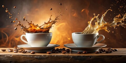 Poster - Dynamic Coffee Splashes in Elegant White Cups on Rustic Wood