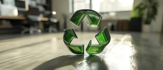 Aufkleber - Green recycling symbol on a clean office background, illustrating the importance of recycling and waste sorting in a corporate environment for business professionals