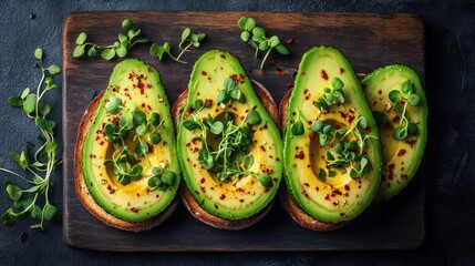 Wall Mural - Three slices of avocado toast with microgreens and spices on a rustic wooden board