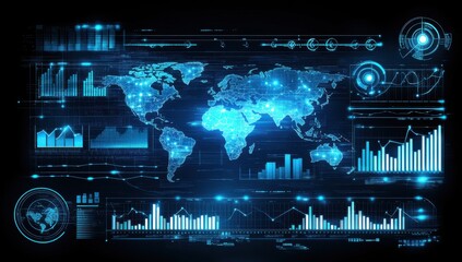 Poster - Futuristic Digital World Map with Data Visualization Charts and Graphs Representing Global Statistics and Market Trends in a Tech-Driven Environment