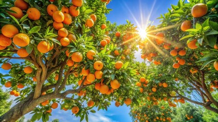 Aufkleber - Lush citrus orchard bathed in sunlight, abundant ripe oranges hanging heavy from branches, a vibrant summer scene