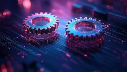 Poster - Futuristic Gear Mechanisms on a Circuit Board Surface with Neon Glow in Purple and Blue Light, Representing Technology and Innovation Concepts