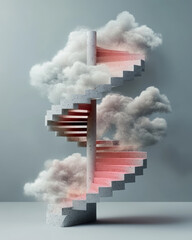 Poster - Surreal spiral staircase surrounded by soft, swirling clouds and pastel colors
