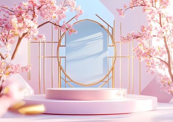 Poster - 3D rendering, light pink and blue background with a golden window frame in the middle of the picture, an empty product display podium on top of a geometric shape pattern,