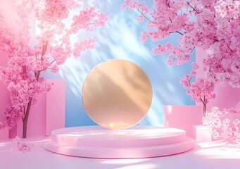 Poster - 3D rendering, light pink and blue background with a golden window frame in the middle of the picture, an empty product display podium on top of a geometric shape pattern,