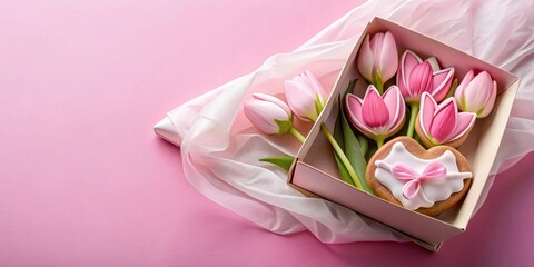 Poster - Pink tulip cookies and a heart-shaped cookie in a gift box on a pink background