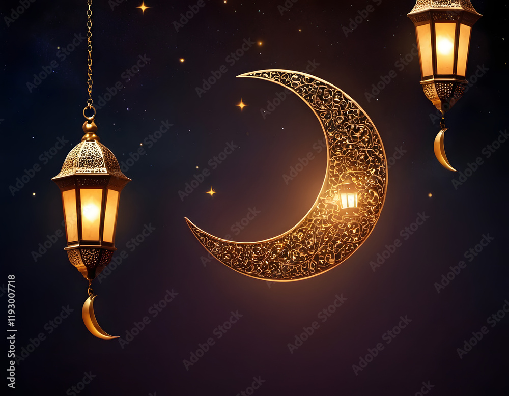 Islamic background with lighted lanterns and crescent moon with copy ...