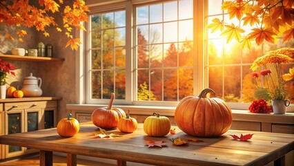 Wall Mural - Autumnal Kitchen Table with Pumpkins and Fall Leaves in Sunny Window