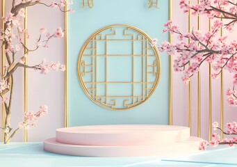 Poster - 3D rendering, light pink and blue background with a golden window frame in the middle of the picture, an empty product display podium on top of a geometric shape pattern,