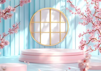Poster - 3D rendering, light pink and blue background with a golden window frame in the middle of the picture, an empty product display podium on top of a geometric shape pattern,