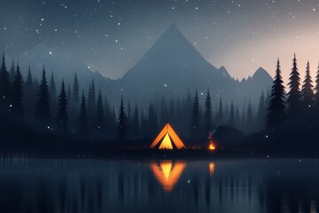 Poster - A playful 2D depiction of a camper tent set up in the Utah wilderness, with mountains and a glowing fire drawn in simple shapes