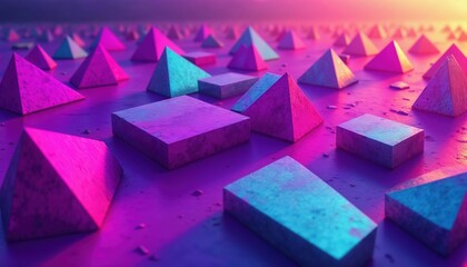 Poster - Colorful image of many different shaped blocks, including squares and triangles, with a purple background. Banner, poster, background, Copy space