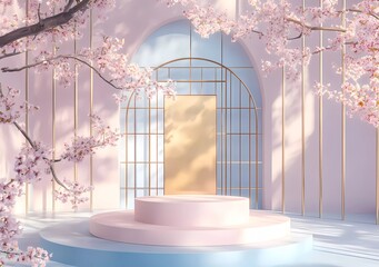 Poster - 3D rendering, light pink and blue background with a golden screen in the middle of the picture, geometric shapes on both sides, and an empty product display podium. 