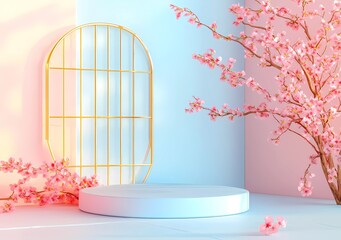 Poster - 3D rendering, light pink and blue background with a golden screen in the middle of the picture, geometric shapes on both sides, and an empty product display podium. 