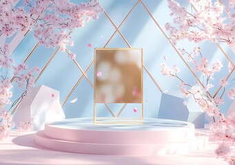 Poster - 3D rendering, light pink and blue background with a golden screen in the middle of the picture, geometric shapes on both sides, and an empty product display podium. 