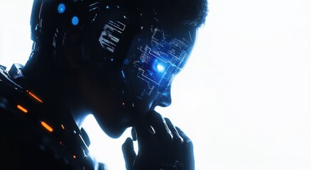 Poster - Futuristic Human-Computer Interaction Concept with Neon Glowing Elements, Depicting a Thoughtful Figure with Circuit Patterns and Blue Light Effects