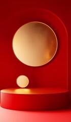 Poster - 3D rendering of a red background with a podium for product display presentation mockup. Abstract geometric shape design template. 