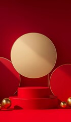 Poster - 3D rendering of a red background with a podium for product display presentation mockup. Abstract geometric shape design template. 