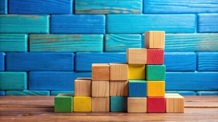 Aufkleber - Colorful Wooden Blocks Arranged in Ascending Order Against a Blue Brick Wall
