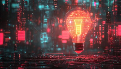 Poster - Futuristic Image of a Glowing Light Bulb with Data Stream Background, Symbolizing Innovation and Technology in the Digital Age