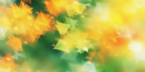 Poster - Bright yellow background with a lot of green and orange shapes. The shapes are stars and triangles. Banner, poster, background, Copy space