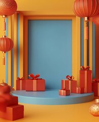 Poster - A blue podium surrounded by red envelopes, gift boxes, and lanterns on the right side of an empty Chinese-style yellow rectangular paper frame with a gradient background. 