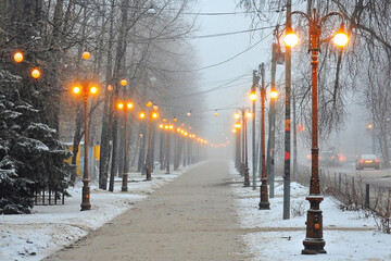 Poster - Foggy park alley illuminated by streetlights