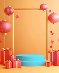 Poster - A blue podium surrounded by red envelopes, gift boxes, and lanterns on the right side of an empty Chinese-style yellow rectangular paper frame with a gradient background. 
