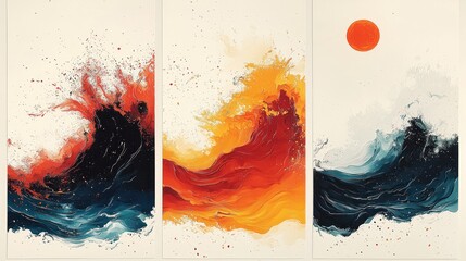 Sticker - Triptych waves with fiery, dark, and calm elements.